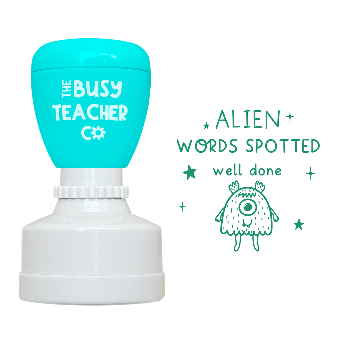 Refillable primary teacher Stamp reading 'alien words spotted', inked in green ink.