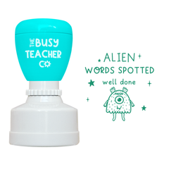 Refillable primary teacher Stamp reading 'alien words spotted', inked in green ink.