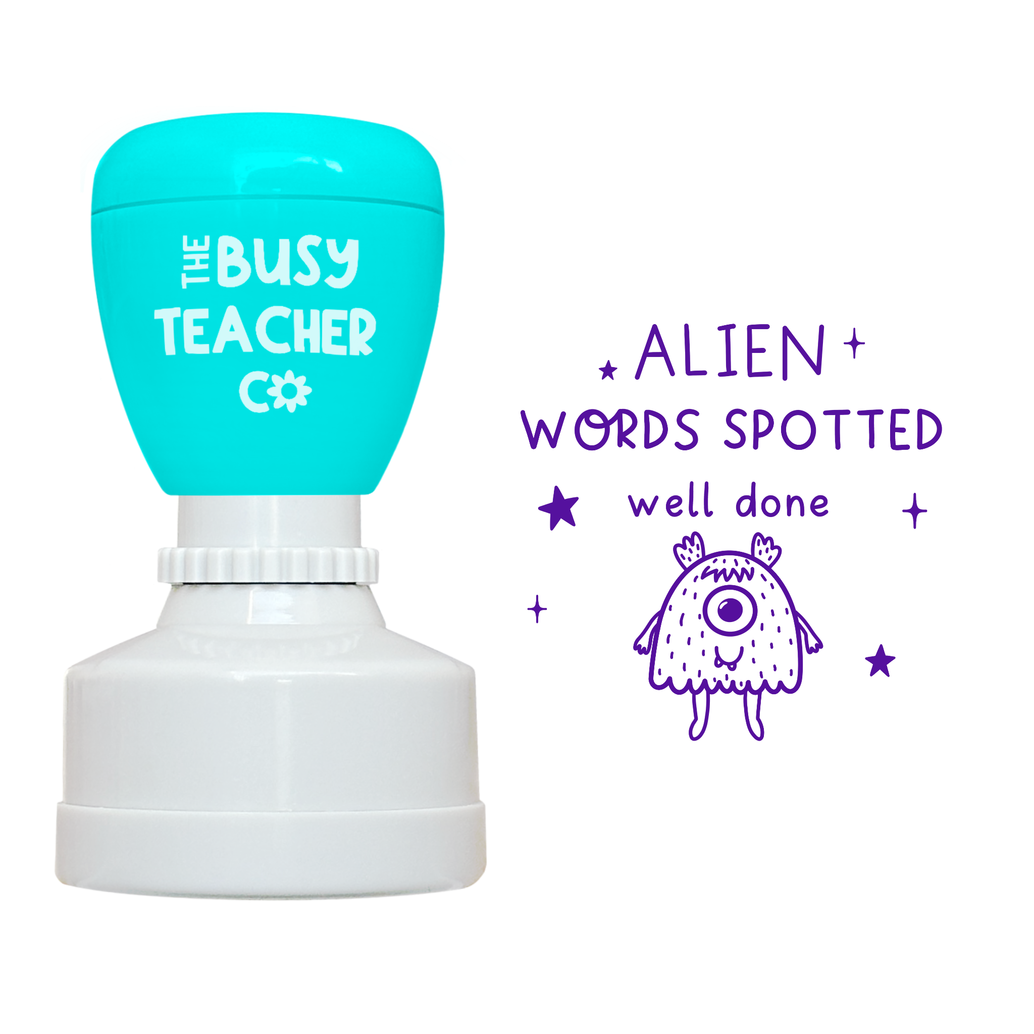 Refillable primary teacher Stamp reading 'alien words spotted', inked in purple ink.