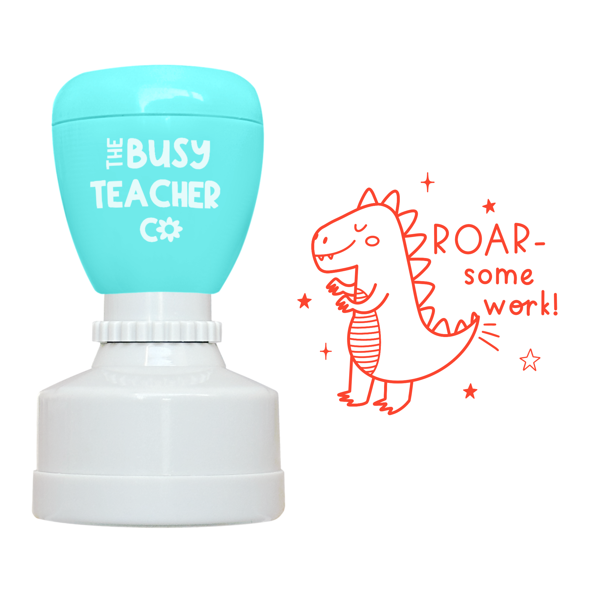 Teacher Stamp reading 'Roar-some work!', inked in orange ink.