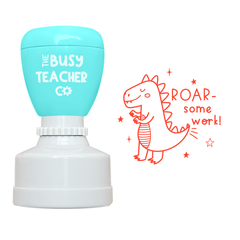 Teacher Stamp reading 'Roar-some work!', inked in orange ink.