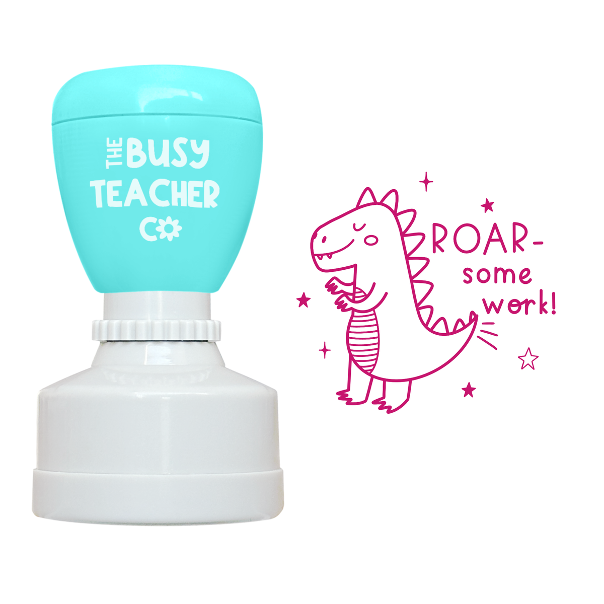 Teacher Stamp reading 'Roar-some work!', inked in pink ink.