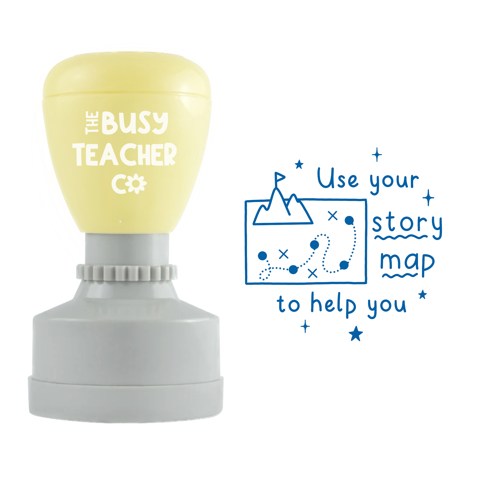 Teacher Stamp reading 'Use your story map to help you', inked in blue ink.