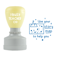 Teacher Stamp reading 'Use your story map to help you', inked in blue ink.