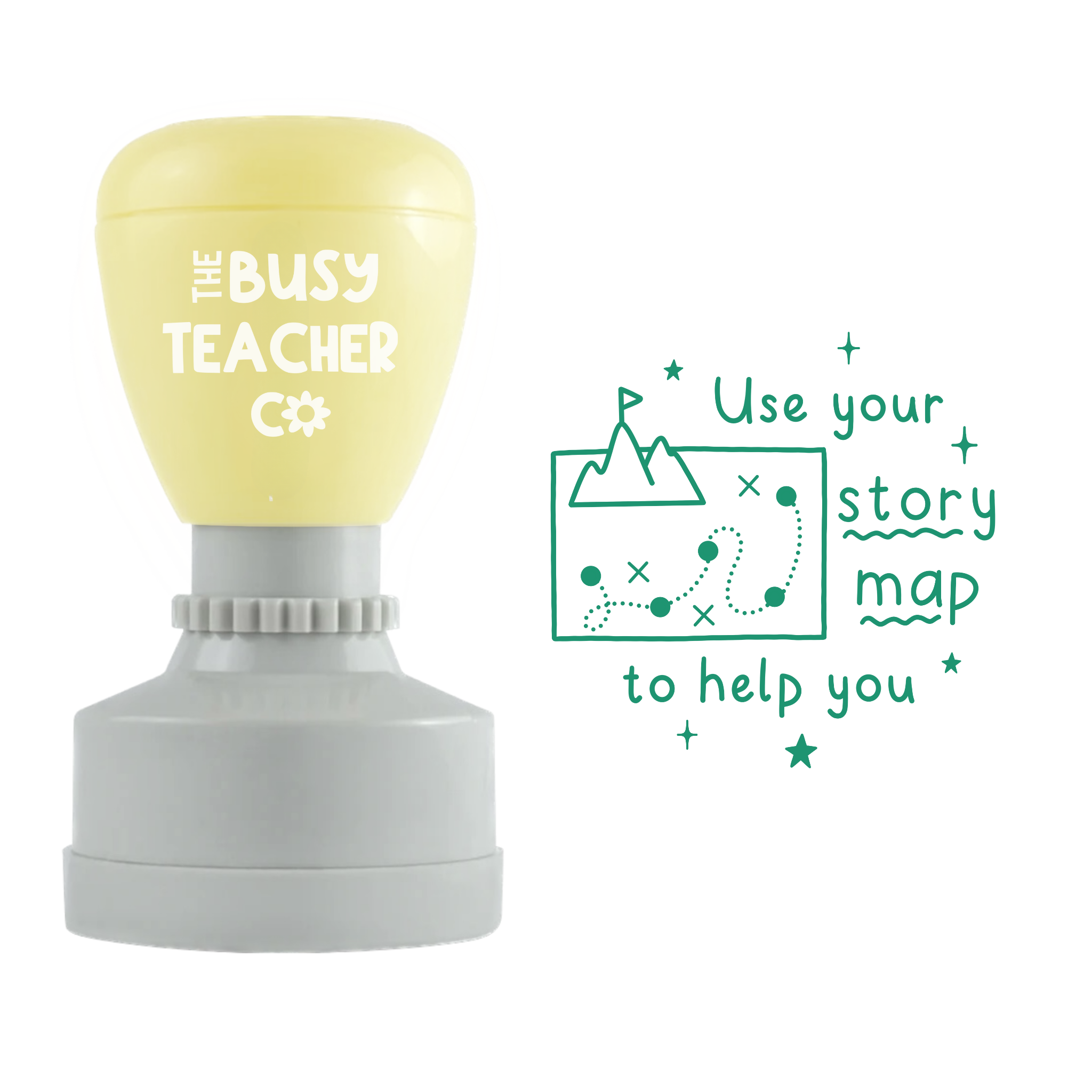 Teacher Stamp reading 'Use your story map to help you', inked in green ink.