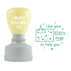 Teacher Stamp reading 'Use your story map to help you', inked in green ink.