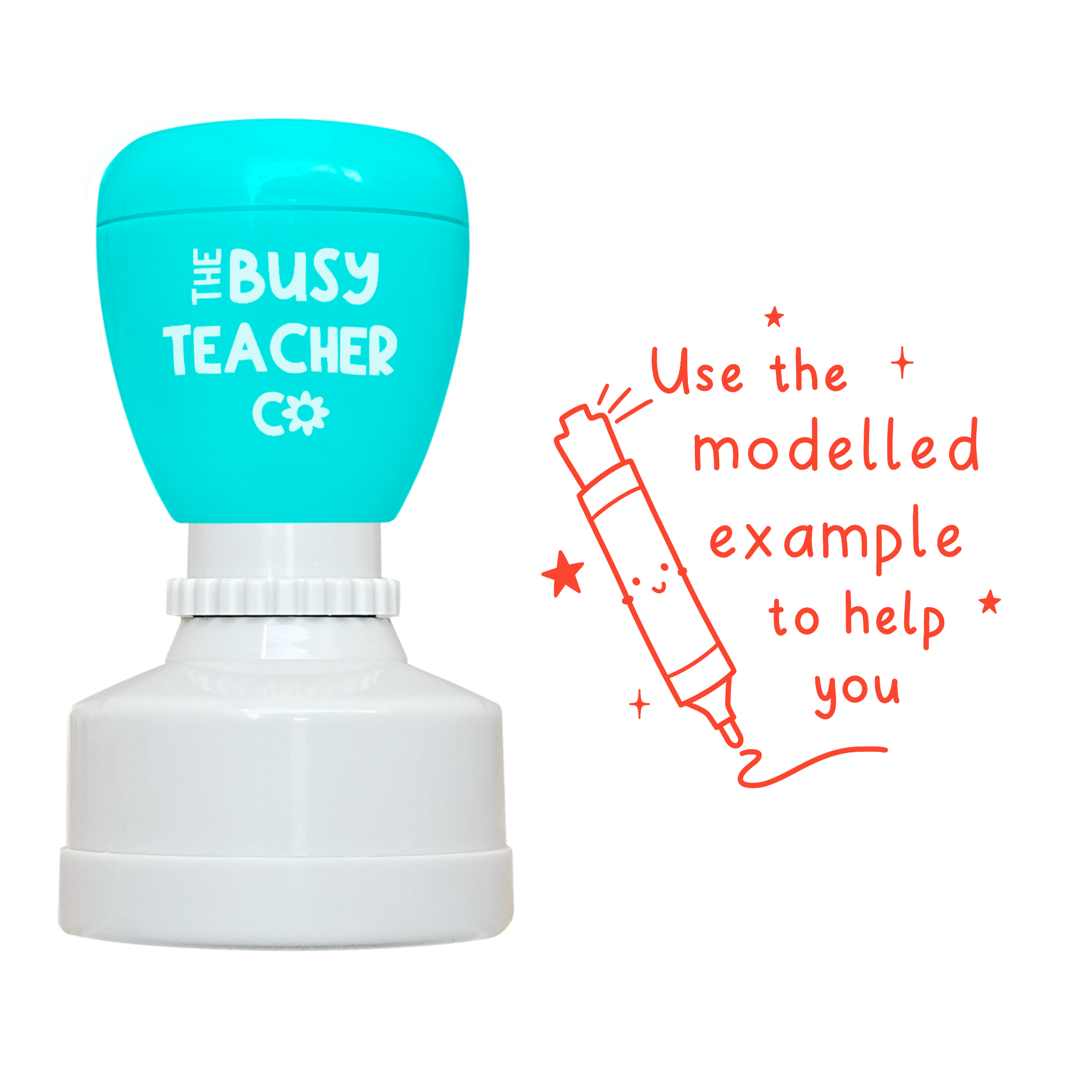 Refillable primary teacher Stamp reading 'use the modelled example to help you', inked in orange ink.