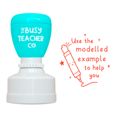 Refillable primary teacher Stamp reading 'use the modelled example to help you', inked in orange ink.