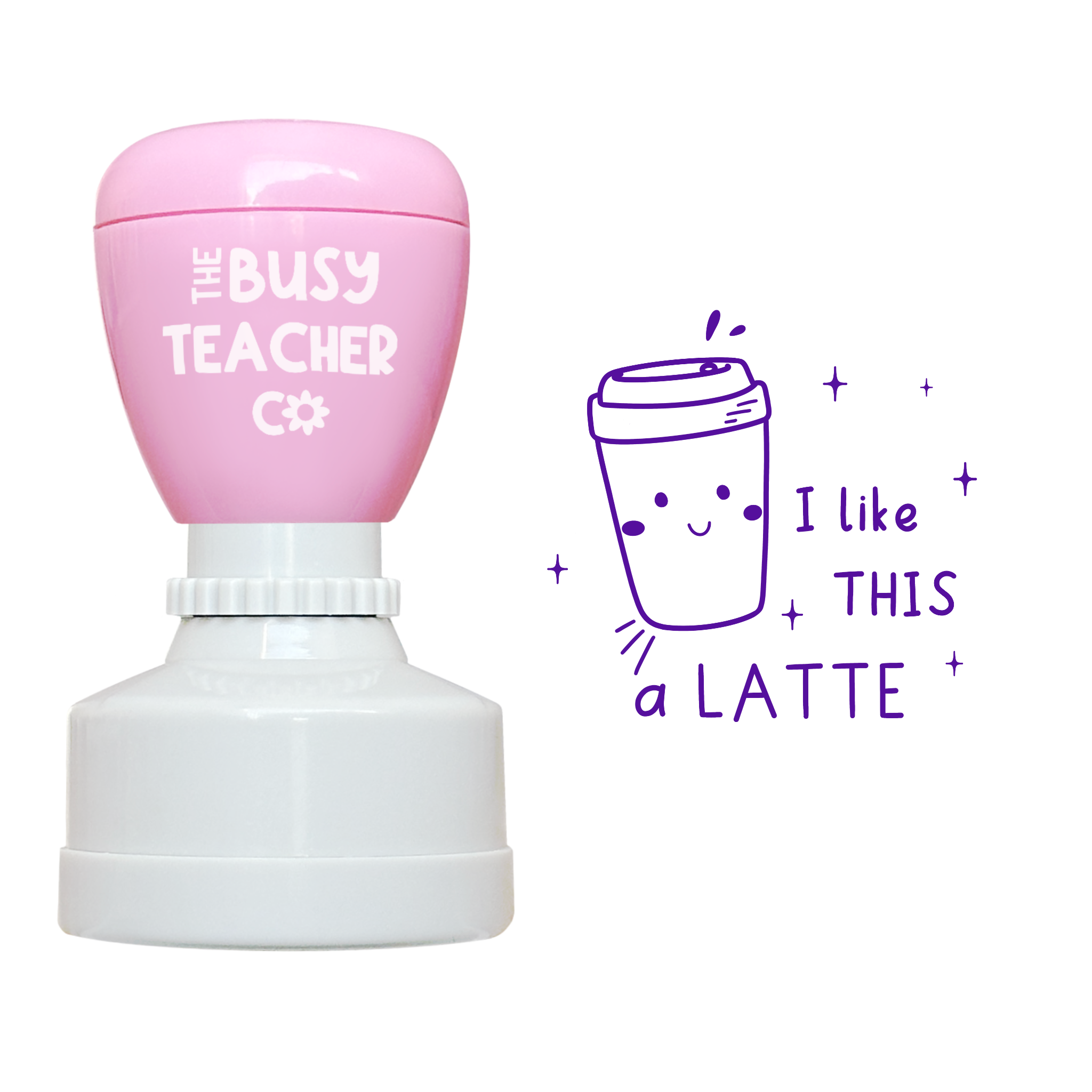 Refillable primary teacher marking Stamp reading 'I like this a latte', inked in purple ink.