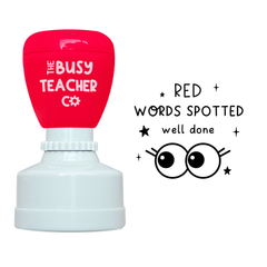 Refillable primary teacher marking Stamp reading 'red words spotted well done', inked in black ink.