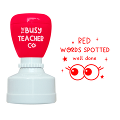 Refillable primary teacher marking Stamp reading 'red words spotted well done', inked in red ink.