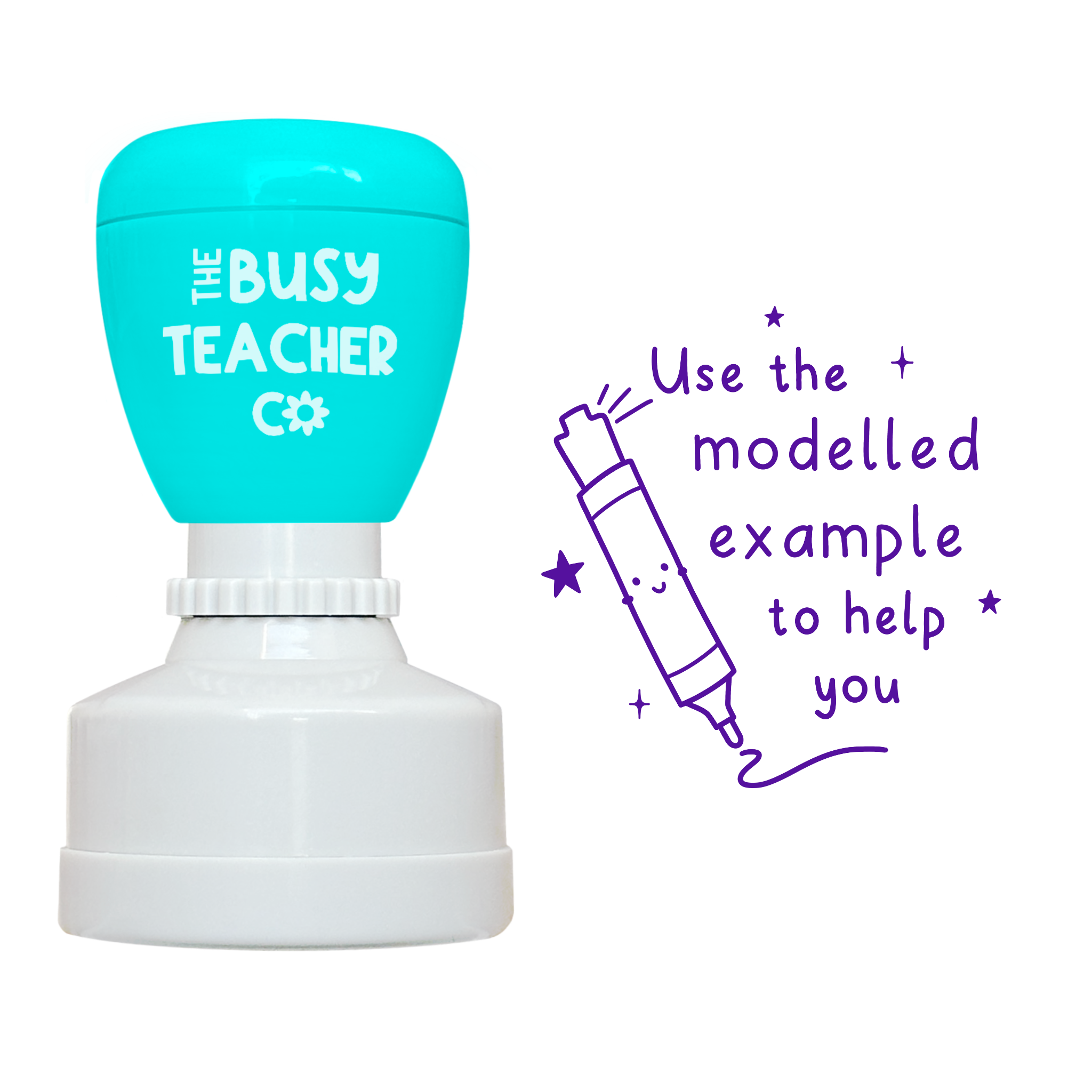 Refillable primary teacher Stamp reading 'use the modelled example to help you', inked in purple ink.