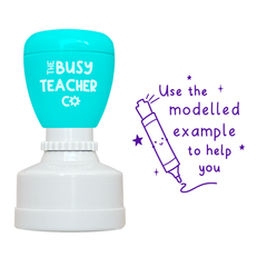Refillable primary teacher Stamp reading 'use the modelled example to help you', inked in purple ink.