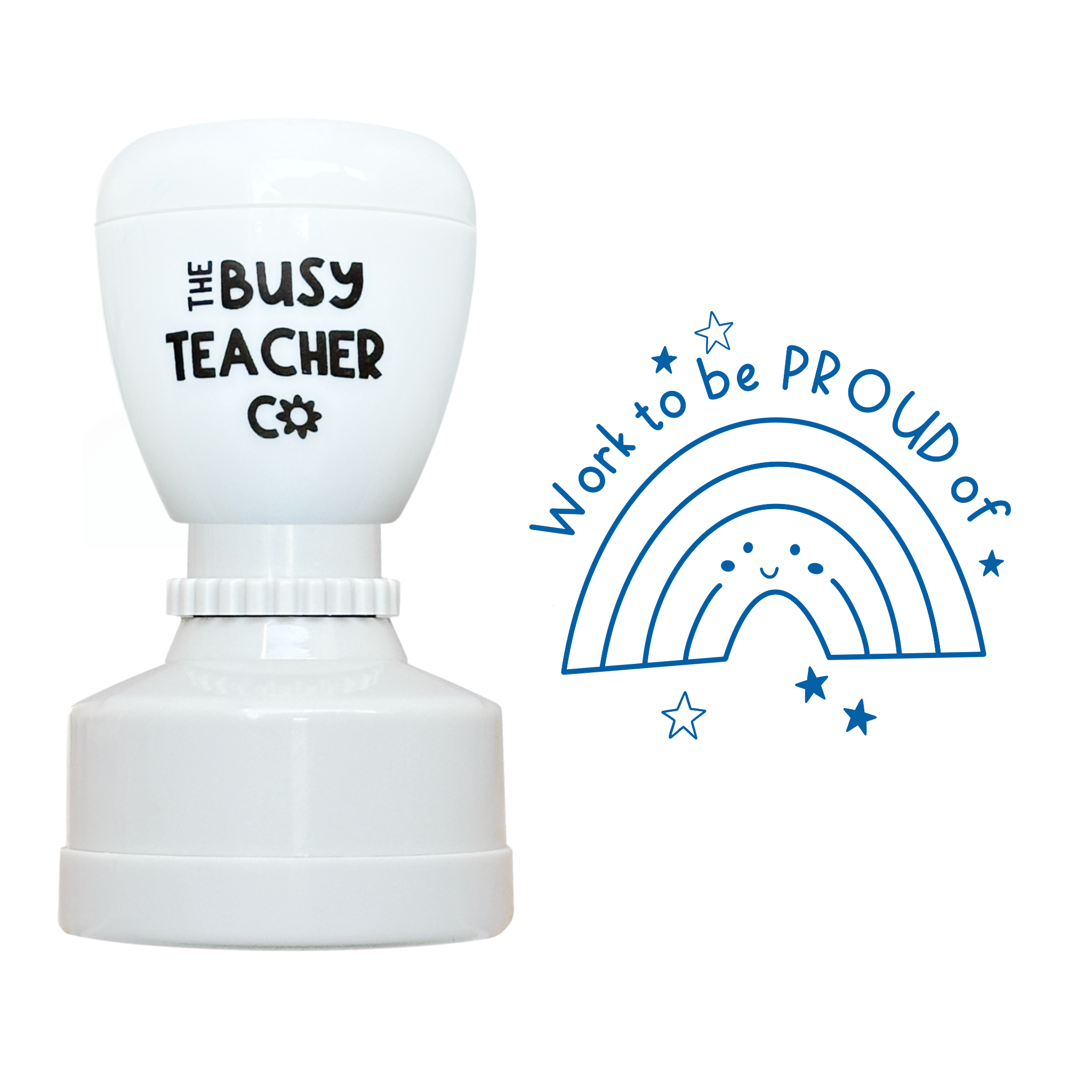 Refillable primary teacher marking Stamp reading 'work to be proud of', inked in blue ink.