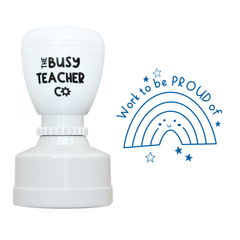 Refillable primary teacher marking Stamp reading 'work to be proud of', inked in blue ink.