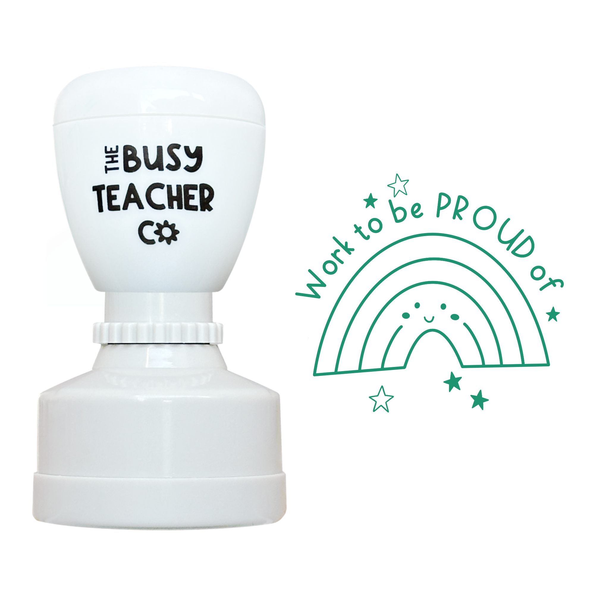 Refillable primary teacher marking Stamp reading 'work to be proud of', inked in green ink.