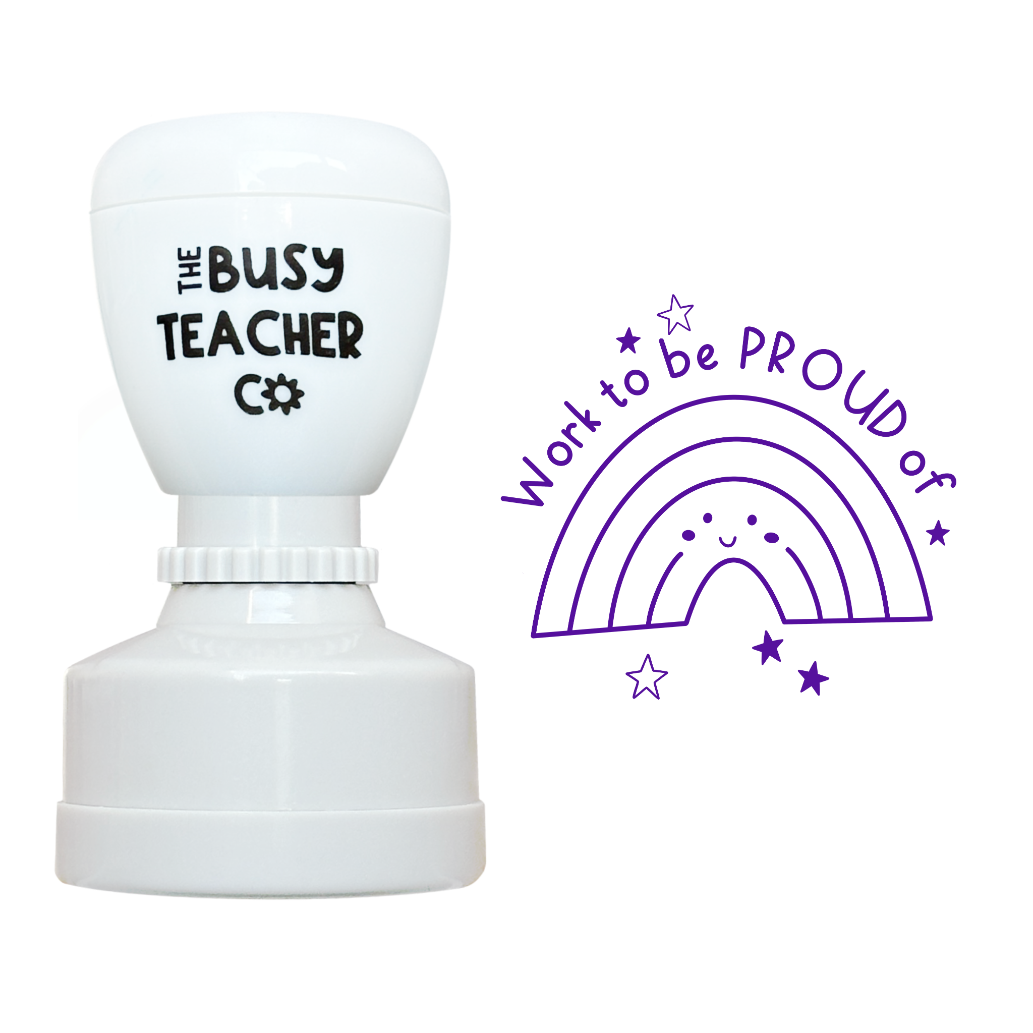 Refillable primary teacher marking Stamp reading 'work to be proud of', inked in purple ink.