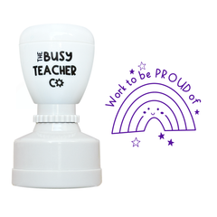 Refillable primary teacher marking Stamp reading 'work to be proud of', inked in purple ink.